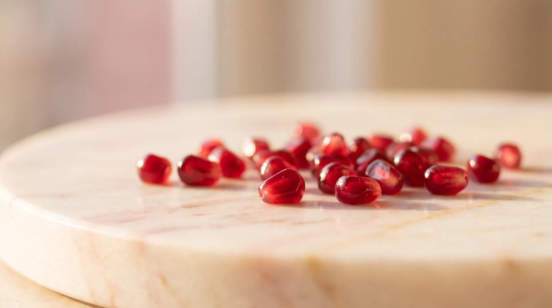 Pomegranate pips resting on warm cream stone
