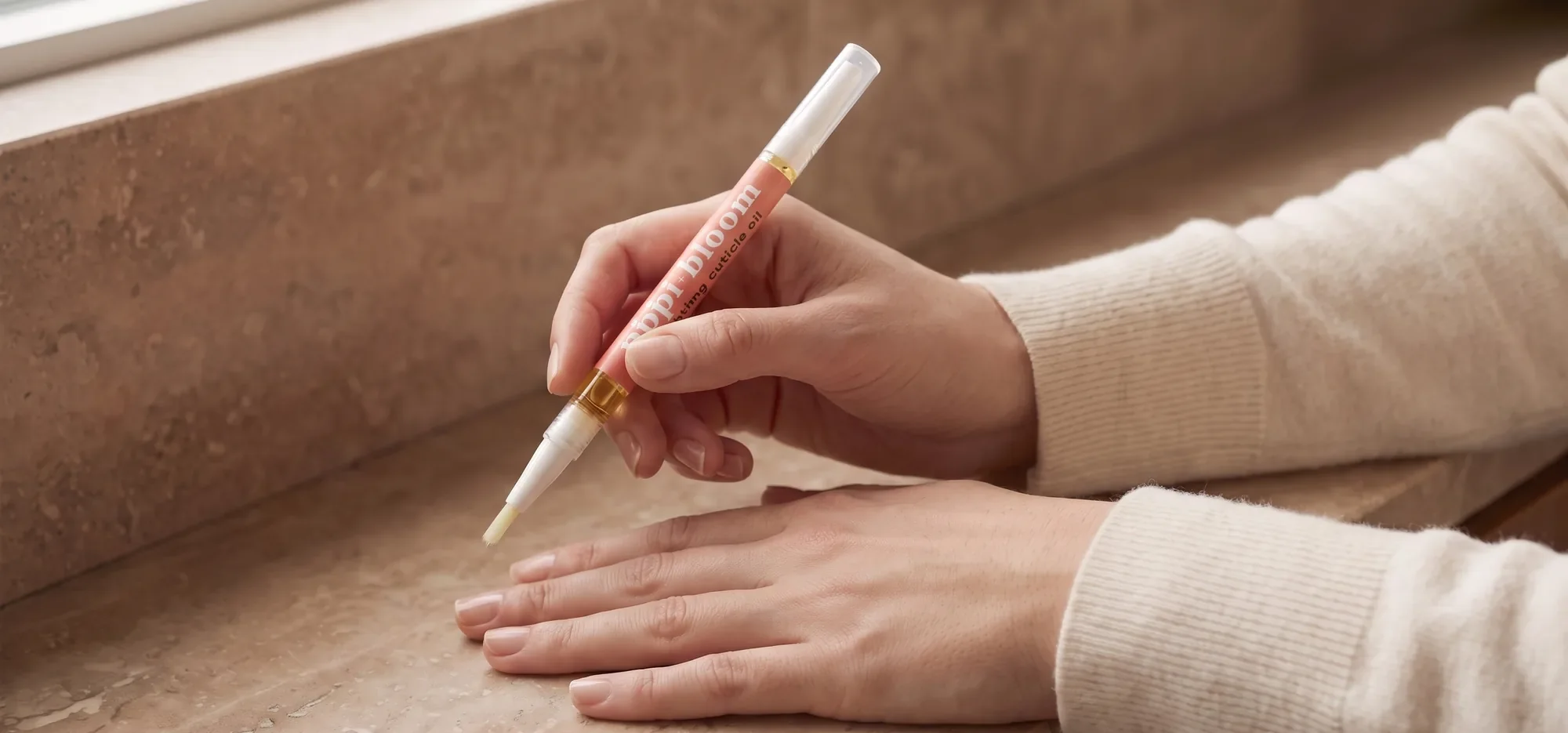 One hand resting on a stone window ledge while the other lowers the Pippi and Bloom brush pen toward its nails