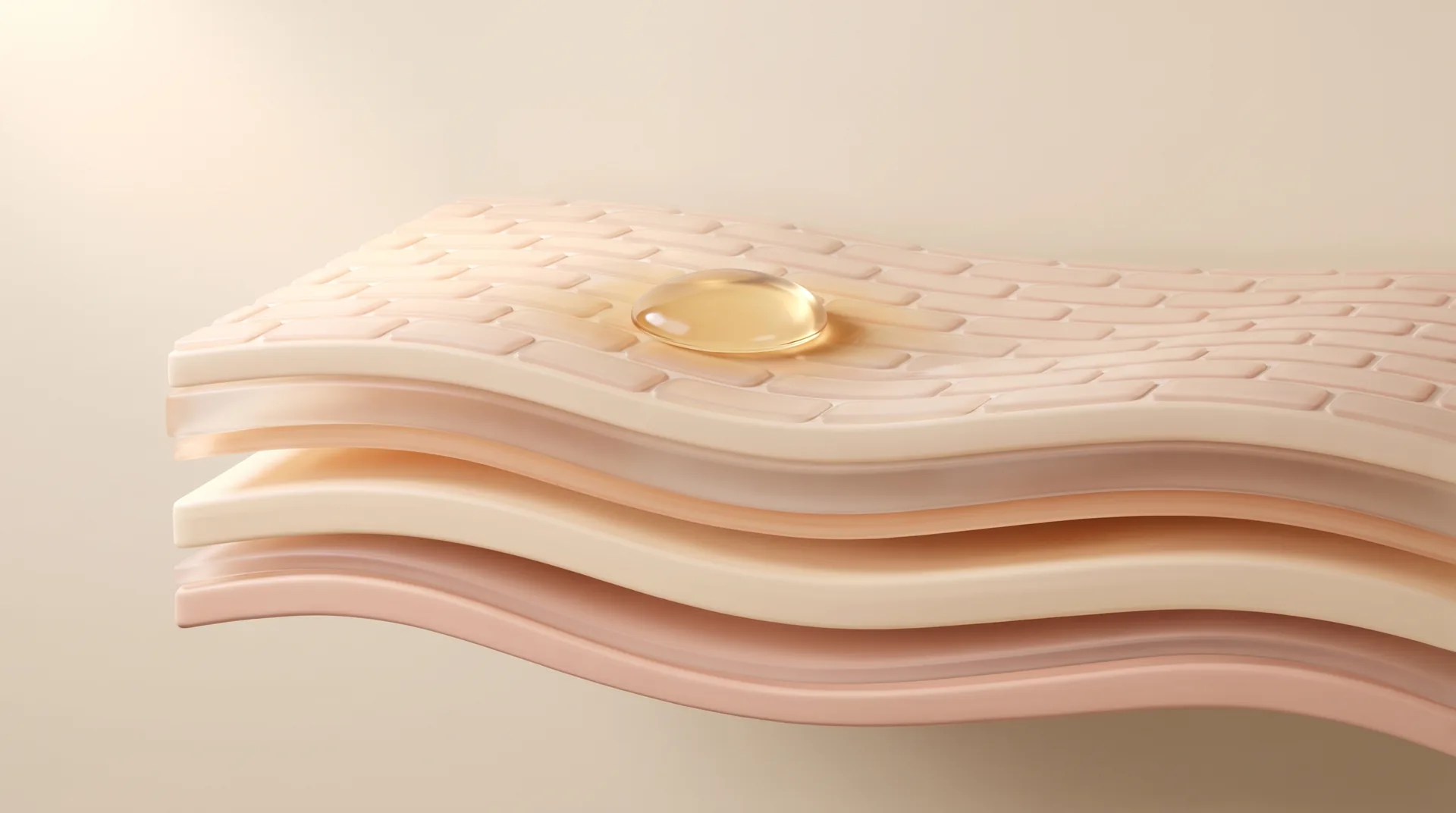 A drop of oil partly soaked into the top layer of a stylized cross-section of skin, the lower layers unlit