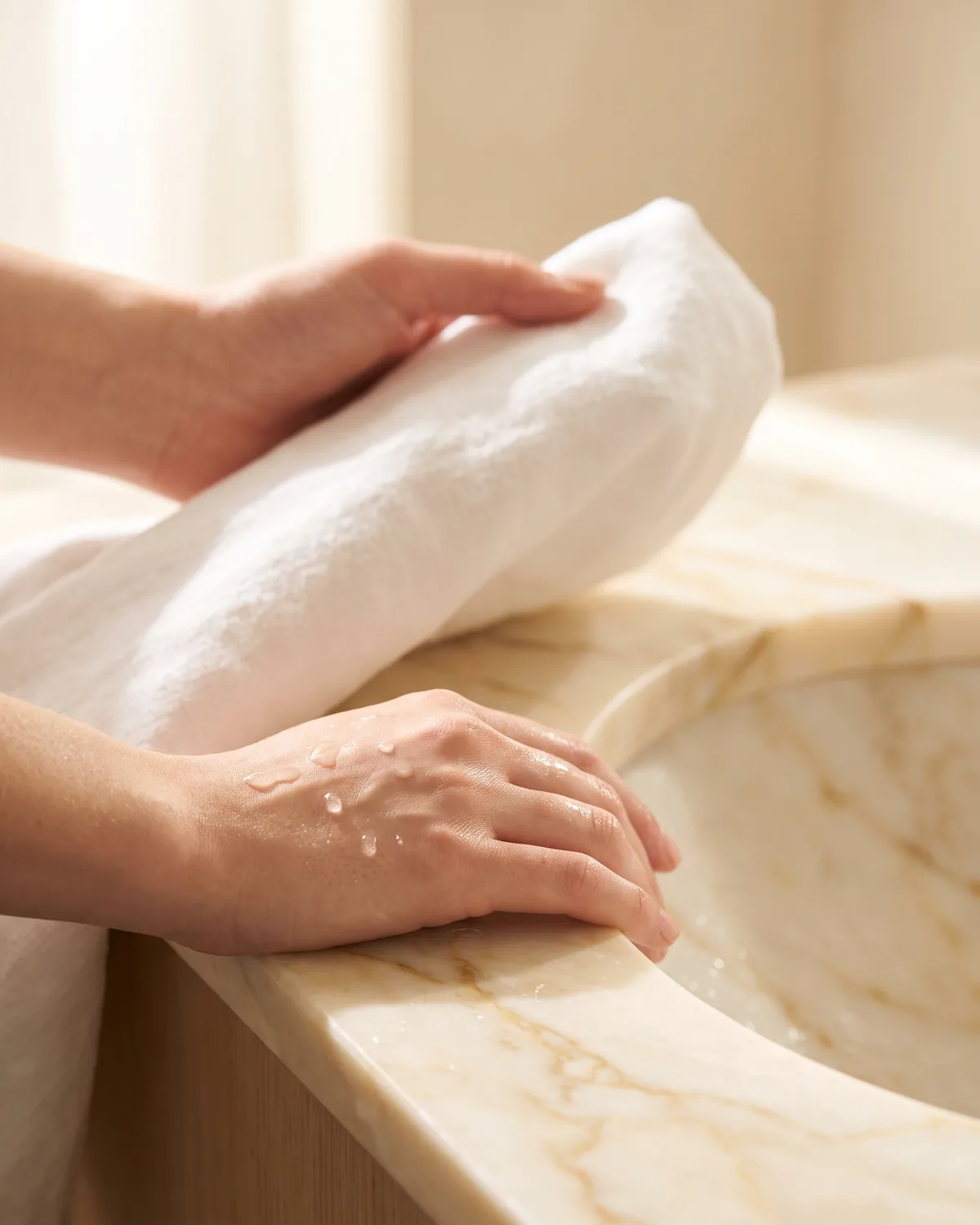 Freshly washed hand resting on a marble basin edge, water beading, a linen towel lifted toward it