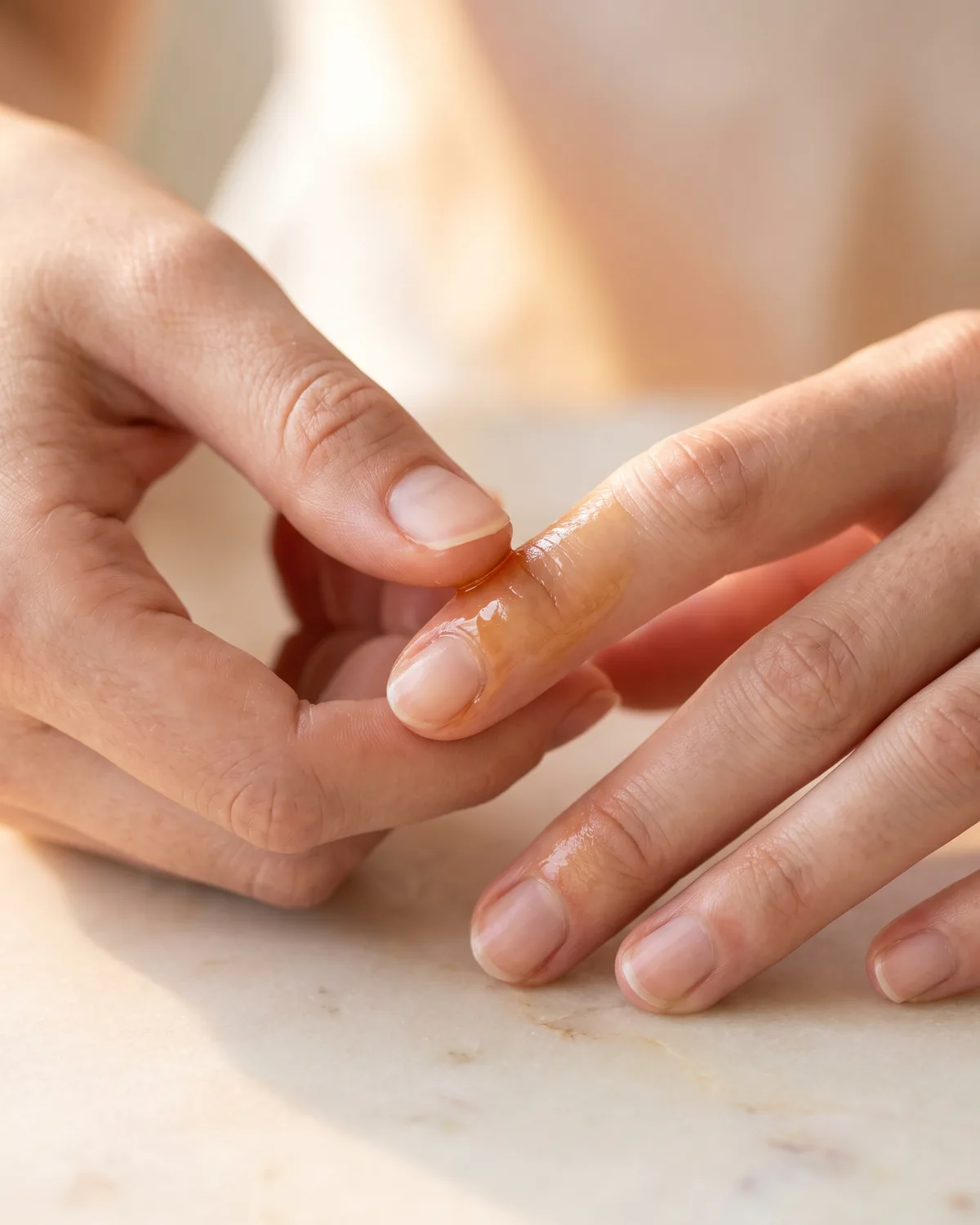 A thumb massaging oil into the cuticle in small circles